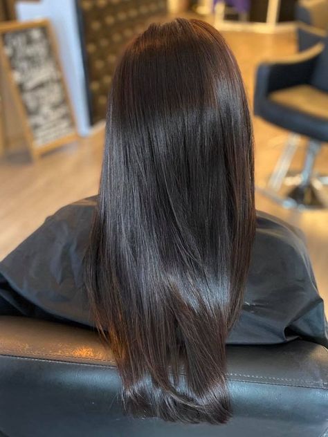 Shiny Dark Hair, Dark Brown Shiny Hair, Dark Chocolate Brown Hair Straight, Dark Brown Solid Color Hair, Level 4 Ash Brown Hair, Dark Down Hair, Dark Solid Hair Color, Sleek Brown Hair, Dark Brown To Black Hair