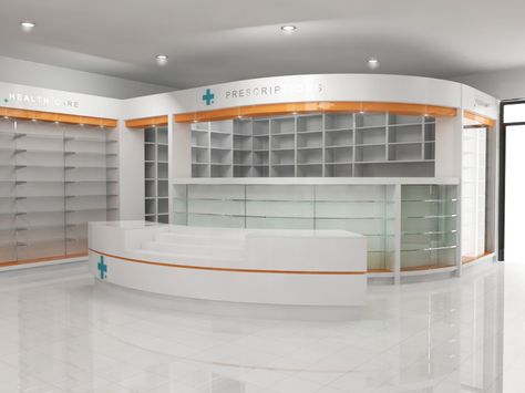 Pharmacy Design 3D Rendered image by DDC Shopfit Pharmacy Layout, Pharmacy Interior, Pharmacy Decor, Store Shelves Design, Wall Partition, Shelves Design, Pharmacy Design, Building Information Modeling, Store Layout