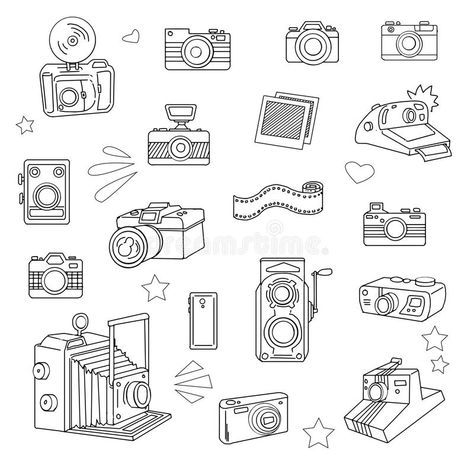 Photo cameras set vector illustration Camera Film Tattoo, Vintage Camera Tattoos, Camera Doodle, Journey Tattoo, Camera Tattoo Design, Wörter Tattoos, Camera Tattoos, Camera Illustration, Camera Drawing