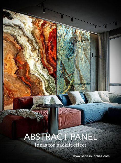 Abstract Panel represent an innovative reality in the world of wall murals.The state-of-the-art detection and hot press technology allows to have a perfect quality and super-defined visual impact very similar stone, marble, agate, onyx slabs. This panel can be appreciated with or without backlit. Its lightweight nature eases the installation process. Comes with matt and glossy surfaces. Feature Wall Design, Feature Wall Living Room, Bedroom Door Design, Living Room Tv Stand, Interior Wall Design, घर की सजावट, Mural Design, Luxury Homes Interior, Marble Wall