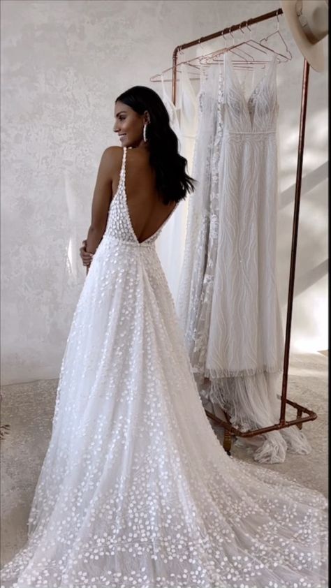 Simple Flow Wedding Dress, Minimalist Lace Wedding Dress, Lace Flowy Wedding Dress, A Line V Neck Wedding Dress Flowy, Made With Love Louie Flowy, Flowy Wedding Dresses, Chic Floor-length Backless Wedding Dress, Wedding Dresses Flowy, Feminine Silk V-neck Wedding Dress