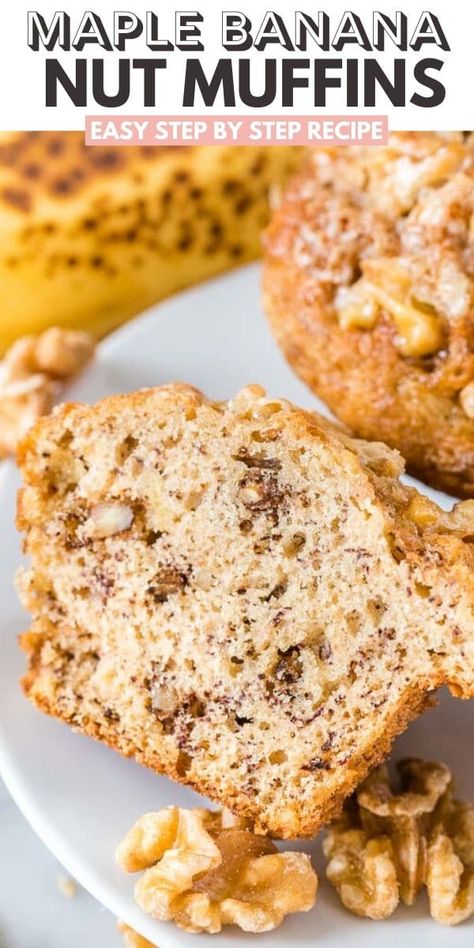 Banana Nut Bread Muffins, Moist Banana Nut Muffins, Easy Banana Nut Muffins, Banana Yogurt Muffins, Walnut Topping, Apple Muffins Healthy, Banana Walnut Muffins, Caramelized Walnuts, Homemade Bakery