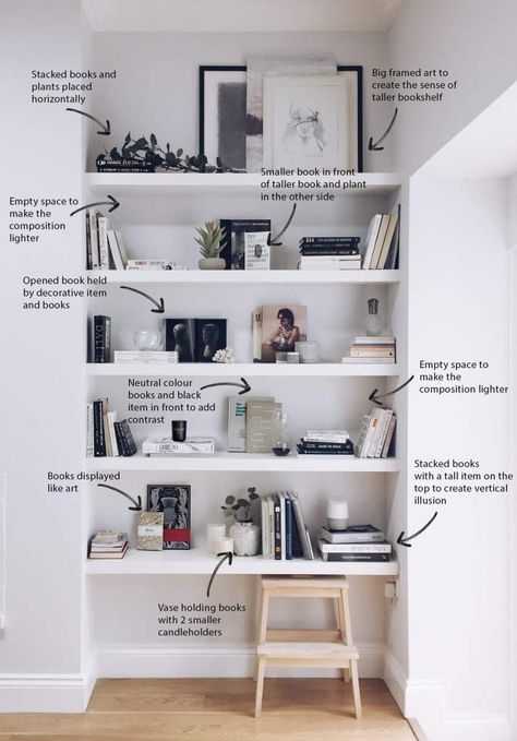 How to decorate your shelves: the minimal style - The White Interior Study Room Decor With Book Shelf, Decorate White Bookcase, Bookshelf Lounge Room, White Bookcase Bedroom, Decorate White Shelves, Shelf Organization Ideas Living Room, Bedroom Bookcase Decor, White Room Shelves, Minimal Library Room