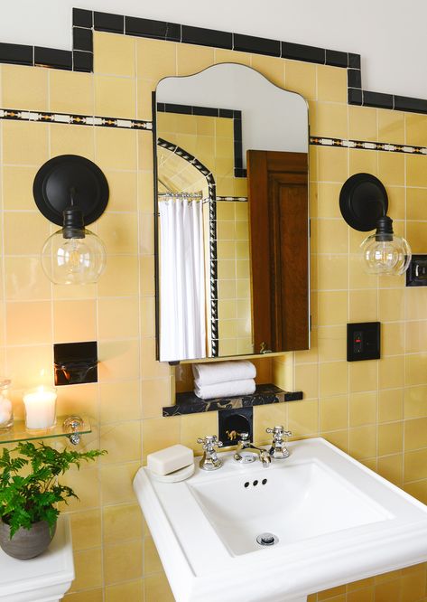 A few simple steps is all it takes to get your vintage bathroom from dated to adorable! Check out our black and yellow tile bathroom makeunder with Lowe's! #ad #lowespartner Bathrooms Vintage, Yellow Tile Bathroom, Yellow Bathroom Tiles, Yellow Tiles, 50s House, Waffle Weave Shower Curtain, Yellow Bathroom, Yellow Tile, Retro Bathrooms