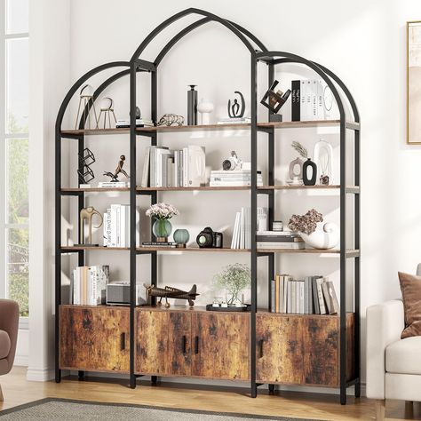 PRICES MAY VARY. Metal+Wood 【Stylish Modern Bookshelf】Featuring a unique arched top and black metal frames, brown and black, which makes this bookcase stand out from similar furniture. A chic addition can change the whole look of an entire room, it’s time to adding a personal touch to your home with this brown and black bookshelf! 【Enough Storage Space】The top 4-tier open shelves are ideal for displaying home decorations, such as a vase full of flowers, array of knickknacks and framed photos etc Open Shelf Living Room Decor, Standing Book Shelf, Bookshelf Rustic, Arched Bookshelf, Black Bookshelf, Unique Bookcase, Open Bookshelf, Open Bookshelves, Modern Bookshelf