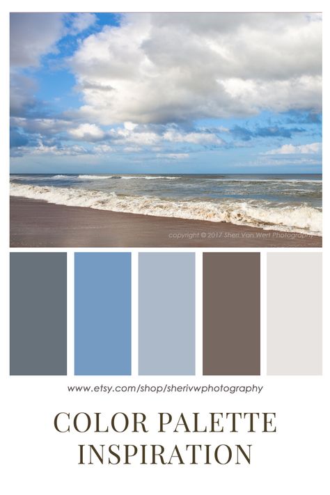 Decorating ideas for the bedroom or bathroom - Enjoy this calming blue color palette based on my image of a beach in the Outer Banks of North Carolina. This beach photography and more is available in my Etsy store. Carolina Blue Color Palette, Blue Brown Room, Decorating Ideas For The Bedroom, Earth Tone Blue, Earth Tones Color Palette, Blue And Earth Tones, Ocean Color Palette, Brown And Blue Living Room, Beach Color Palettes