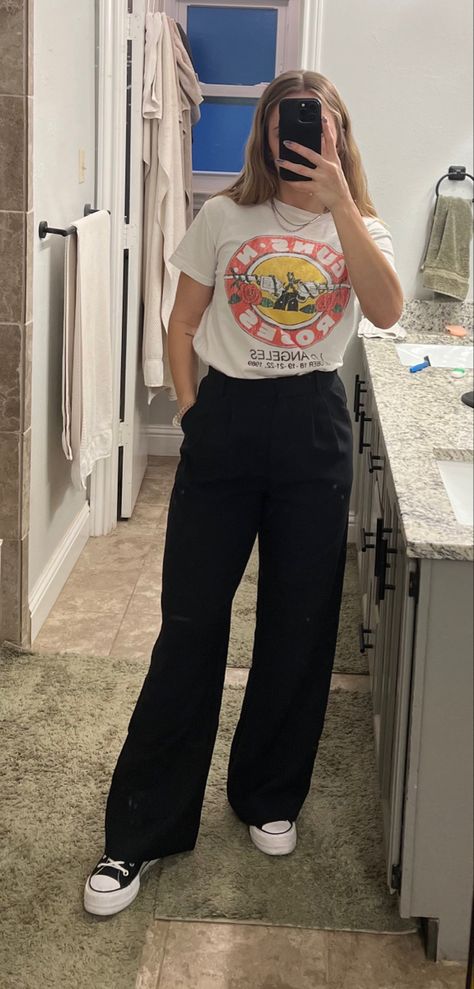 Trousers And Band Tee, Trousers With Graphic Tee, Trouser And Graphic Tee Outfit, Dress Pants And Tshirt Outfit Women, Black Converse Outfit Casual, Trousers Graphic Tee, Trouser And Converse Outfit, Trousers And Graphic Tees, T Shirt Outfit Work Graphic Tees