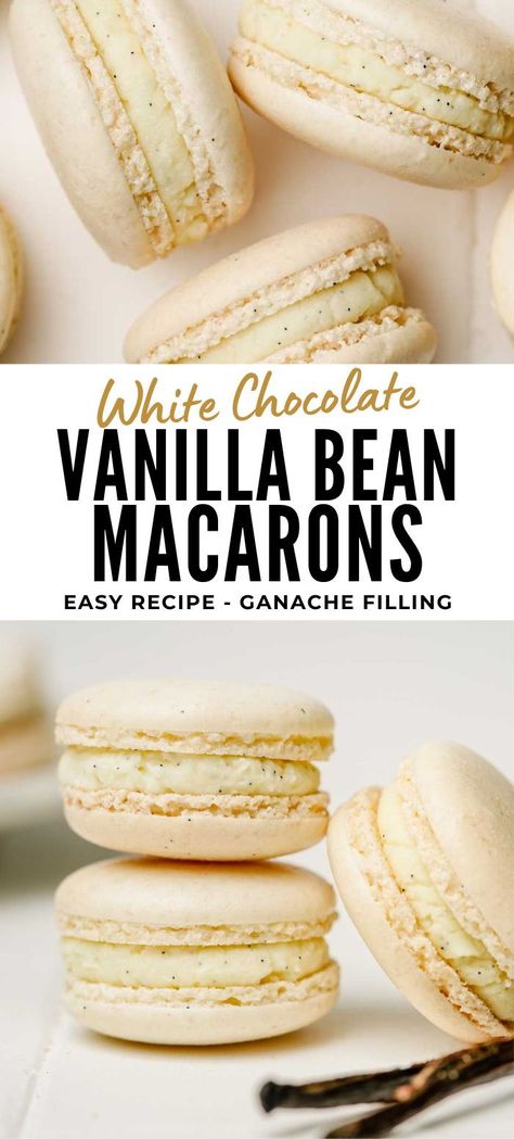 Savor the sheer perfection of these vanilla macarons with this easy-to-follow Italian macaron recipe. These delicate delights are infused with the natural essence of vanilla bean, and to elevate the experience, they are generously filled with a luxuriously creamy white chocolate ganache. This is the ultimate recipe for a truly delightful and unforgettable treat that will leave your taste buds craving for more! Vanilla Macaron Recipe, Vanilla Macaron Recipes, Vanilla Bean Macarons, Vanilla Macaroons, French Macaroon Recipes, Homemade Macarons, French Buttercream, French Macarons Recipe, Vanilla Macarons