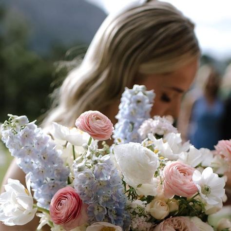 Bridal Bouquet Delphinium, Blue And Pink Bouquet, Ramo Flowers, Peach Ranunculus, Ranunculus Bouquet, Blue Delphinium, Flowers Delivered, Peonies Bouquet, Pink Bouquet