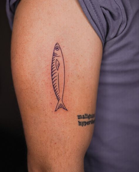 Sardine Tattoo Minimalist, Sardine Tin Tattoo, Tin Fish Tattoo, Corkscrew Tattoo, Fish Line Tattoo, Chiquitita Tattoo, Fine Line Fish Tattoo, Fish Lettering, Two Fish Tattoo