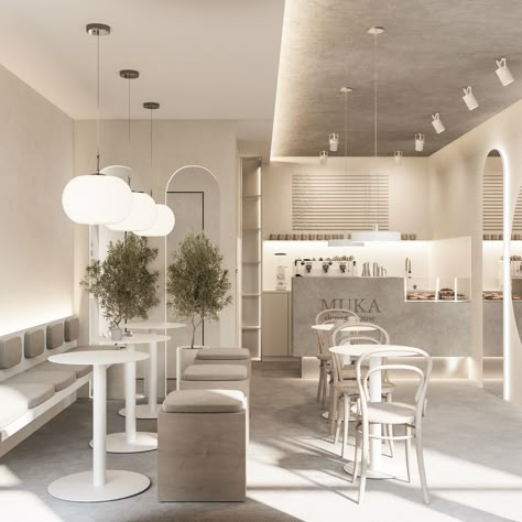 Minimal Cafe Design Interiors, White Cafe Interior, Minimal Cafe Design, Luxury Coffee Shop, Aesthetic Cafe Interior, Aesthetic Coffee Shop, Cafeteria Design, Modern Coffee Shop, Aesthetic Interior Design