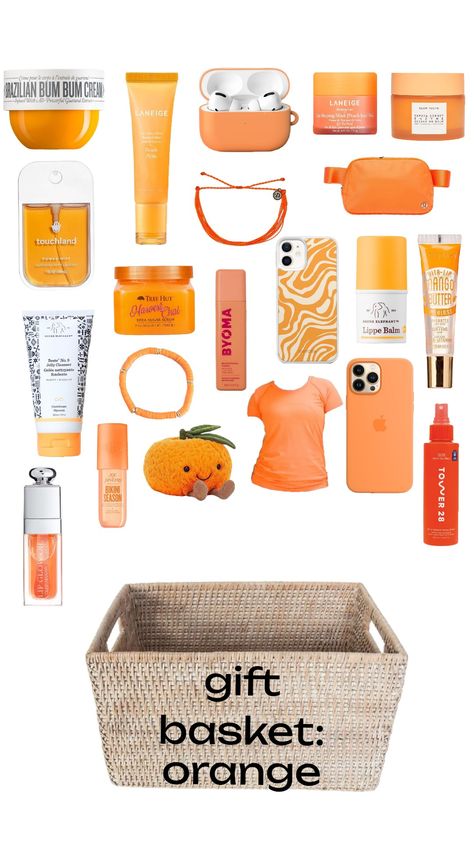 gift basket inspo! #orange #giftbasket #inspo #trend #aesthetic Orange Birthday Gifts, Orange Gift Ideas, Orange Themed Gift Basket, Orange Gift Basket Ideas, Orange Gift Basket, Cheap Gift Baskets, Orange Gift Box, Orange Gifts, Orange Basket