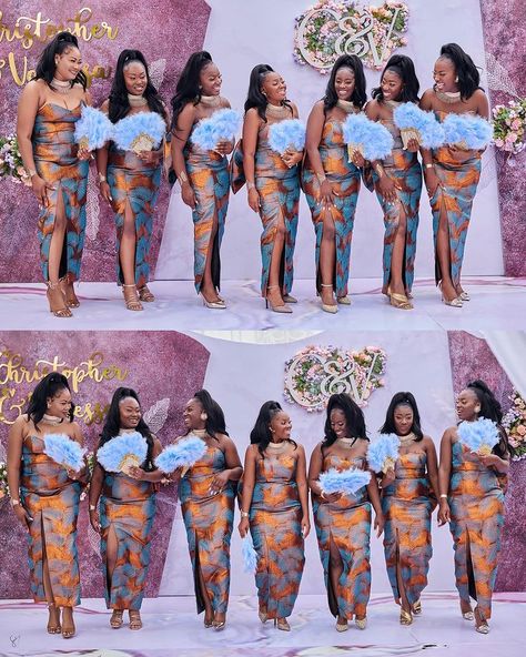 Focus and Blur on Instagram: “Bridesmaids game so strong THE ROYAL NORTEY’S 👏🏿 ⚜️Christopher ❤️ Vannesa ⚜️ Bridal makeup @reggies_makeovers *Event planners:…” African Print Wedding Dress, African Bridesmaids, Printed Bridesmaid Dresses, Couples African Outfits, African Bridesmaid Dresses, African Weddings, African Prom Dresses, Mens Dress Shirts, Dress African