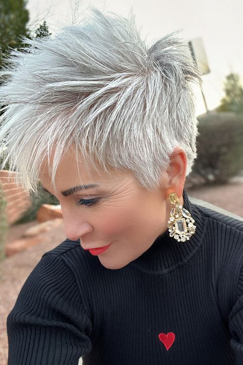 My Pixie Styled Down - Chic Over 50 Rocker Short Hairstyles For Women, Short Hair Styles Pixie Over 50, Short Choppy Hair Edgy Messy Pixie Bob Hairstyles, Silver Pixie Haircut, Funky Pixie Haircut, Grey Pixie Hair, Funky Pixie Cut, Kort Pixie, Spikey Short Hair