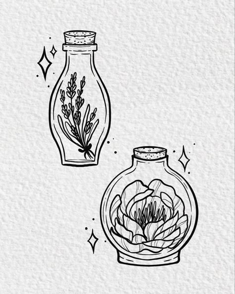 Matching bestie tattoo flowers in potion bottles Twisted Tattoos, Cottagecore Soft Aesthetic, Cottagecore Tattoos, Matching Bestie Tattoos, Cottagecore Tattoo, Tattoos 2022, Farmhouse Throw Pillows, Urban Tattoos, Witchy Tattoos