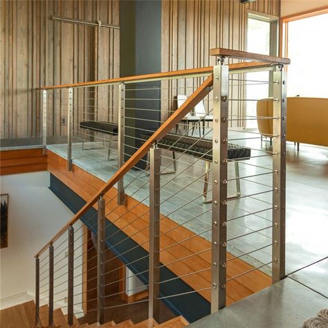 Indoor Stairwell Cable Railing Use Stainless Steel Square Post Design Cable Stair Railing, Indoor Stair Railing, Deck Stair Railing, Stair Railing Kits, Cable Railing Deck, Aluminum Handrail, Stainless Steel Cable Railing, Stair Posts, Stairs Renovation