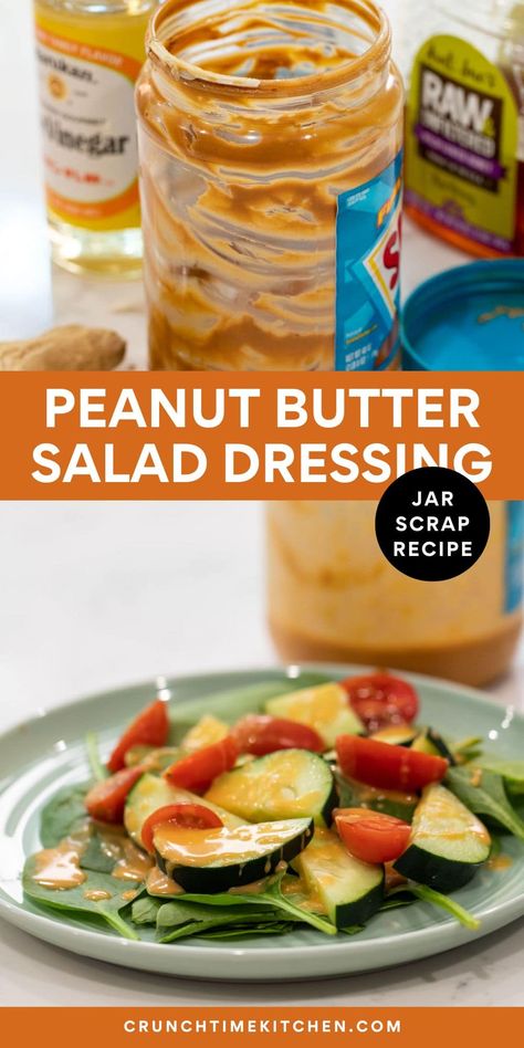 The perfect use for the tail-end of your peanut butter, this PB Salad Dressing is a great way to stretch the last of your jar! crunchtimekitchen.com #jarscraps #saladdressing #peanutbutter Peanut Salad Dressing Easy, Thai Peanut Sauce In Peanut Butter Jar, Peanut Butter Jar Dressing, Peanut Butter Salad Dressing Recipes, Peanut Butter Salad Dressing, Peanut Salad Dressing, Peanut Dressing Recipe, Steam Chicken Recipe, Peanut Butter Dressing