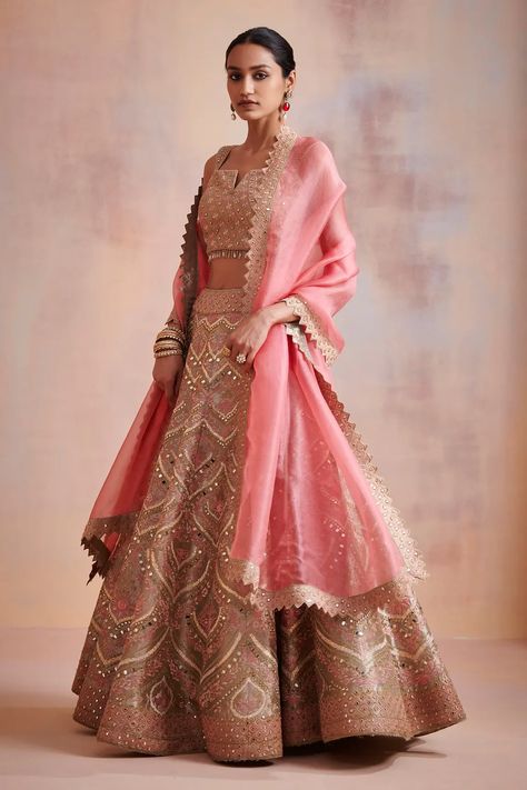 Durga Puja | Designer Womenswear Collections at Aza Fashions Peach Colour Bridal Lehenga, Peach Mirror, Gold Lehenga, Mirror Work Lehenga, Mirror Embroidery, Wedding Lehenga Designs, Resham Work, Vacuum Storage, Embroidered Lehenga