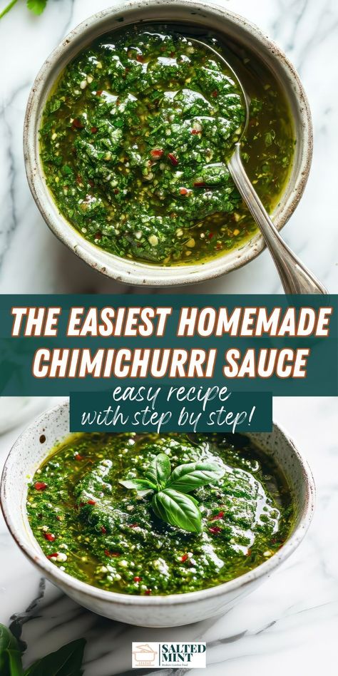 Experience a burst of flavor with this Argentinian Chimichurri sauce—a fresh parsley and cilantro salsa that gives grilled steak, chicken, fish, and vegetables a garlicky kick. Ready in just 10 minutes. Argentinian Chimichurri Recipe, Argentinian Chimichurri, Oregano Recipes, Chimichurri Sauce Recipe, Fresh Herb Recipes, Parsley Recipes, Argentinian Food, Chimichurri Recipe, Cilantro Sauce