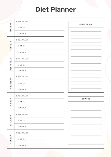 Diet Planner Diet Schedule Meals, Diet Journal Ideas Free Printable, Diet Diary Journals, Healthy Food Planner, Diet Checklist, Planner Setup Ideas, Diet Calendar, Meal Planner Calendar, Food Planner Template