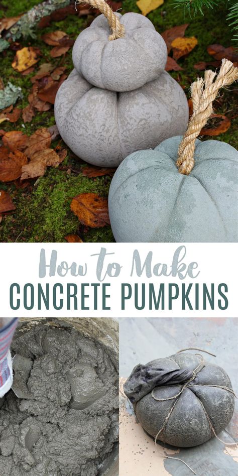 How to Make Concrete Pumpkins. Love concrete crafts? Check out the tutorial for these DIY concrete pumpkins! Cute concrete garden decor for fall. Learn how to make concrete pumpkins and find out how to dye concrete too! That grey blue pumpkin is made with dyed concrete. Find more DIY fall decor and DIY fall crafts for the home on the blog. Sharing lots of DIY fall decor that's easy to make and looks modern. Canning Ring Pumpkin, Cement Pumpkins, Concrete Pumpkins, Diy Pumpkins Crafts, Cement Diy, Concrete Diy Projects, Easy Fall Crafts, Diy Concrete, Concrete Crafts