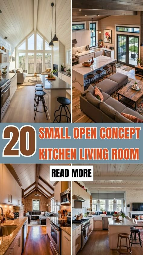 Explore 20 small open concept kitchen and living room designs that maximize space and style. Find practical layout ideas and decorating tips to create a seamless flow between cooking and living areas, making your space feel larger and more inviting. Ideal for those looking to enhance their compact homes with smart, stylish solutions. Open Concept Kitchen Living Room Ranch House, Open Kitchen Family Room Layout, Living Room Between Kitchen And Dining, Kitchen In Between Dining And Living, Small Space Open Concept Kitchen Living Room, Small Family Room Off Kitchen, Tiny Open Concept Kitchen Living Room, Open Plan Kitchen Dining Living Room, Open Concept Home Design