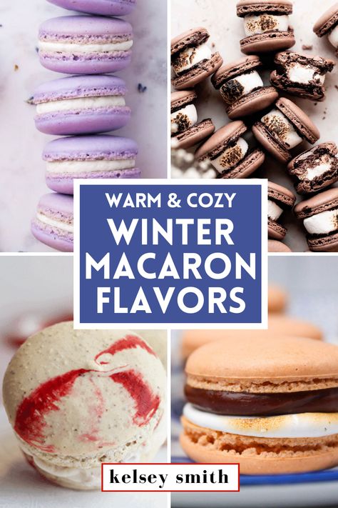 Four images in a grid. The top left image is three lavendar macarons stacked. The top right image shows several chocolate macarons on their side to show a toasted marshmallow filling. The bottom left image is a peppermint swirl macaron. The bottom right image is a s'mores macaron with ganache and marshmallow fluff filling. Macaron Christmas Flavors, New Year’s Eve Macarons, Macaron Flavors Ideas Christmas, Popular Macaron Flavors, Winter Macarons Flavors, Christmas Flavor Macarons, Christmas Flavored Macarons, Christmas Maccarone Recipes, Macaron Recipe Christmas