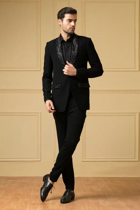 Black Wedding Suit for Men with Single-button Blazer And Trouser Set For Men Coat Pant For Men, Black Tuxedo Wedding, Shawl Collar Tuxedo, Black Blazer Men, Blazer Outfits Men, Reception Outfit, Man Blazer, Single Button Blazer, Black Tuxedo