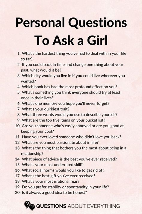 list of 20 personal questions to ask a girl Questions To Ask Girlfriend, Personal Questions To Ask, Weird Questions To Ask, Weird Questions, Questions To Ask A Girl, Text Conversation Starters, Deep Conversation Topics, Pick Up Line Jokes, Questions To Get To Know Someone