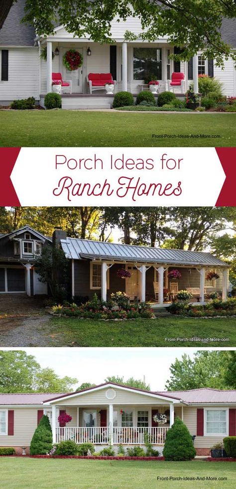 collage of front porch ideas Front Porch Remodel, Front Porch Addition, Ranch House Remodel, Porch Kits, Ranch House Designs, Ranch Homes, House Front Porch, Porch Remodel, Porch Addition