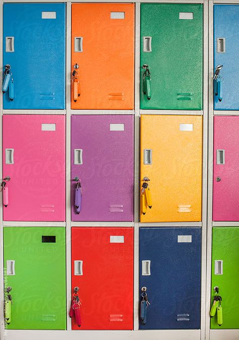 Colorful school locker.  by Mosuno Colorful School Aesthetic, Sephora Squad, Locker Designs, Travel Camper, School Locker, Travel Nurse, Interior Office, Seed Kit, Rainbow Metal