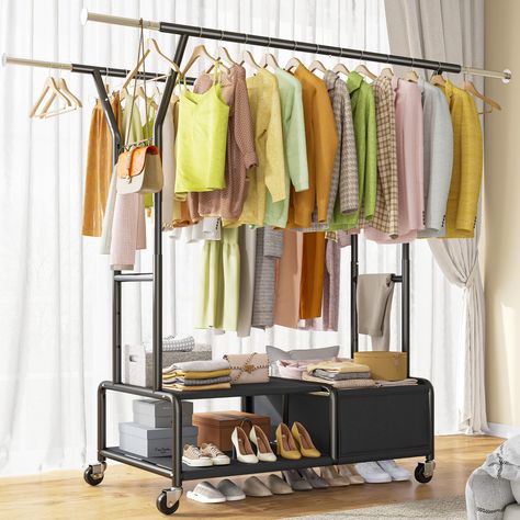 PRICES MAY VARY. 【Spacious Wardrobe Compartments】Portable wardrobe closet with 2 retractable hanging rods perfect for hanging tops, coats, and sweaters. Bag shelves perfect for storage of items such as hats, quilt and toys. Wardrobe can hold shoes at the bottom. It adds more storage space for all your clothes and accessories and makes your home neatly organized 【Garment Rack with Excellent Versatile Design】This portable clothes rack is ideal for maximizing storage and organizing clothing in any Toys Wardrobe, Bag Shelves, Adjustable Clothing, Portable Wardrobe Closet, Rolling Clothes Rack, Portable Clothes Rack, Clothes Shelves, Closet Rack, Heavy Duty Clothes Rack