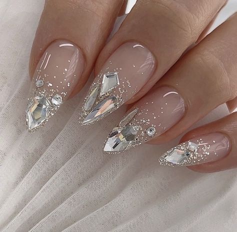 2023 Korean Nails, Luxury Wedding Nails, Silver Diamond Nails, Wedding Manicure For Bride, Wedding Nails Silver, Pink Crystal Nails, Gemstone Nail Art, Bejeweled Nails, Jeweled Nails