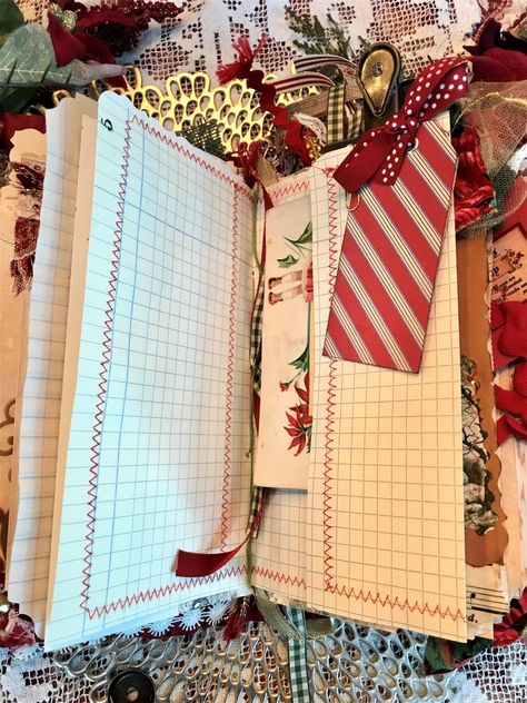 Loaded Vintage Christmas Fabric Junk Journal - Glitter & Glam Christmas Journal Ideas, Fiber Collage, Fabric Junk Journal, Junk Journal Christmas, Christmas Journals, Altered Composition Books, Sewing Journal, Handmade Journals Diy, Paper Portfolio