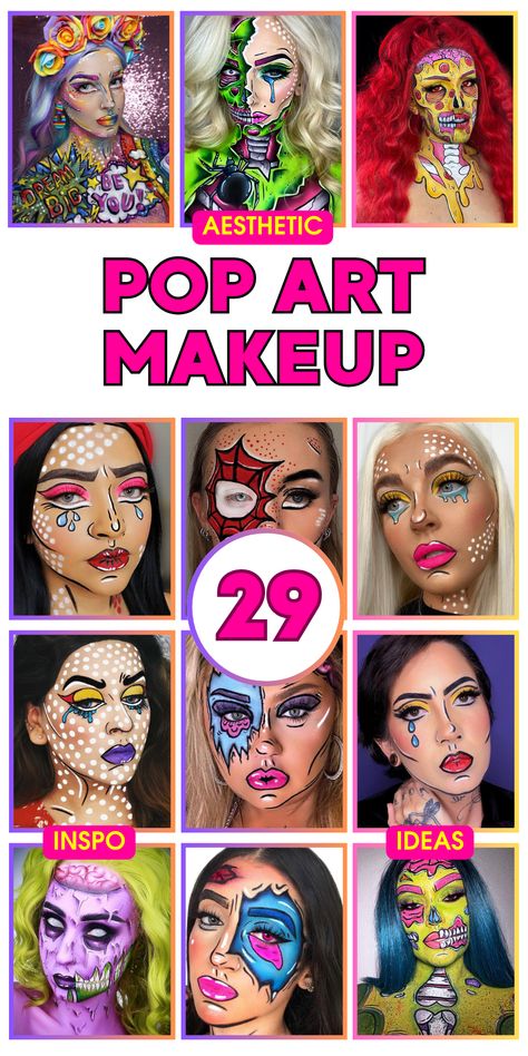 29 Pop Art Makeup Ideas: Easy and Creative Comic-Inspired Looks for Halloween Comics Makeup Pop Art, Pop Art Makeup Ideas, Comic Book Makeup Tutorial, Art Makeup Ideas, Pop Art Tutorial, Artistic Makeup Ideas, Easy Pop Art, Unique Makeup Ideas, Pop Art Makeup Tutorial