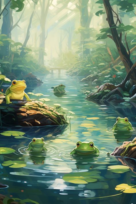 frogs in ponds illustration, studio ghibli, studio ghibli aesthetic, greens, blues, frogs on a log, pond, lily pond, lush forest, nature Frog In Pond Illustration, Frog In Water Drawing, Pond Reference Drawing, Frog Pond Aesthetic, Frog Pond Painting, Frog Pond Illustration, Pond Illustration Art, Frog Pond Drawing, Froggy Background