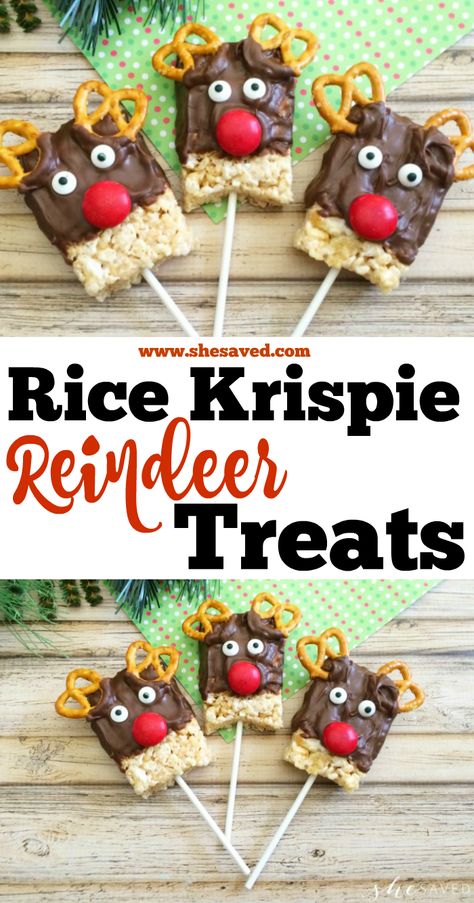 Easy to make and so cute! This Rice Krispie Reindeer Treats recipe will be a hit with all ages and we love it because it's a fun activity that the kids can help with - and these cute Rice Krispie treats also make great bake sale items or party favors! Plus make sure to read our post to find out our recipe hack for making these fun little reindeer treats quick and even easier! Rice Krispie Treats Christmas Reindeer, Reindeer Rice Krispie Treats, Santa Rice Krispie Treats, Thanksgiving Rice Krispie Treats, Holiday Rice, Treats On A Stick, Krispie Treats Christmas, Christmas Desert, Reindeer Treats