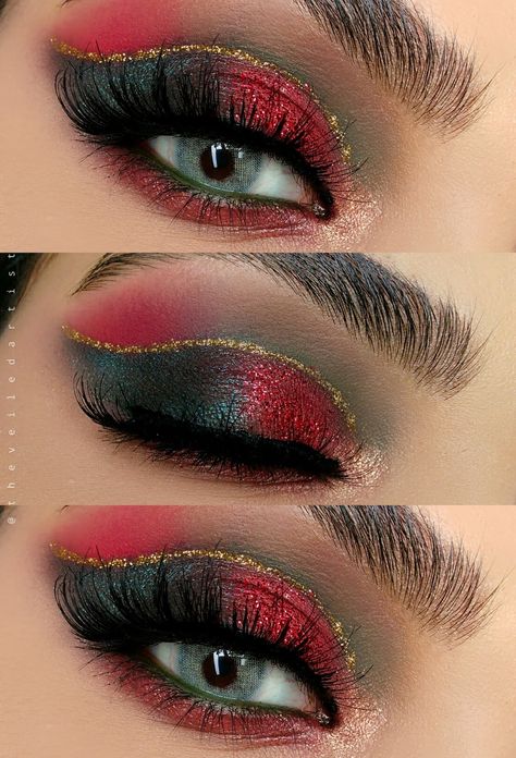 Red And Green Christmas Eyeshadow, Red Eyeshadow Green Eyes, Green Red Makeup, Green And Red Makeup Looks, Red And Green Makeup Looks, Red And Green Eye Makeup, Green And Red Makeup, Red And Green Eyeshadow, Christmas Eye Looks