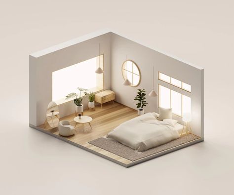 3d View Of House Interior, Interior Isometric View, Interior Design 3d Render, Maquette Interior Design, 3d Room Design Interiors, Interior Rendering Architecture, Bedroom Isometric, Rendering Digital Art, Minimal Room Design