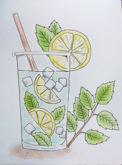 How To Draw Lemonade, Drink Drawing Aesthetic, Drink Art Drawing, Lemonade Drawing, Foods Painting, Drink Drawing, Ice Drawing, Lemon Drawing, Pokemon Painting