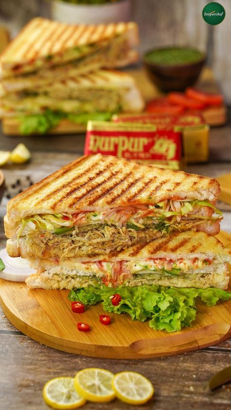 Grilled Chicken Cheese Sandwich is a mouth-watering sandwich combination. The cheesy bite with chicken filling and tangy sauces is worth all your effort. Try out this Grilled Chicken Cheese Sandwich made with Nurpur Cheese and Butter and let us know how it turned out. #GrilledChickenCheeseSandwich #GrilledSandwich #SooperChef #pinterestrecipes #pinterestideas #pinterestworthy #foodphotos #foodpics #foodphotography #foodimages #pinterestinspired #foodstyling #Sooperchef #foodpresentation Plating Sandwich, Sandwich Plating Ideas, Chicken Cheese Sandwich, Sandwich Combinations, Cheesy Sandwich, Cheese Sandwich Recipe, Plating Ideas, Cheese Sandwich Recipes, Chicken Sandwiches