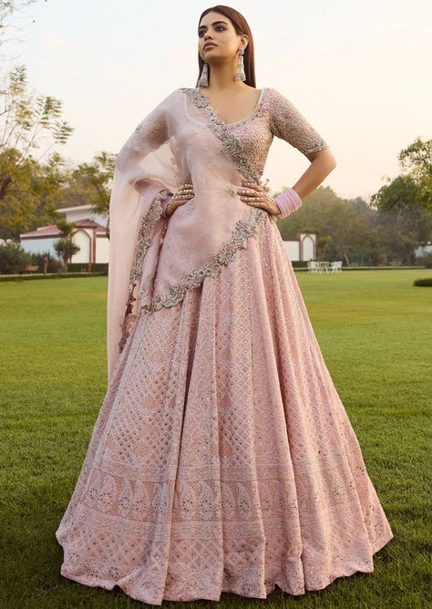 Pink chiffon chikankari lehenga set with an organza dupatta. Dolly J, Chikankari Lehenga, Engagement Lehenga, Indian Outfits Lehenga, Lehenga Designs Simple, Gaun Fashion, Traditional Indian Outfits, Indian Dresses Traditional, Pink Lehenga