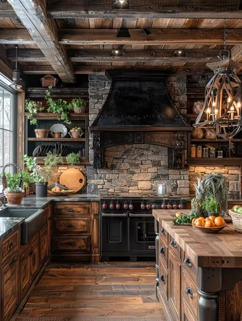 Cozy Cabin Kitchen, Rustic Kitchen Backsplash, Commercial Style Kitchen, Mountain Kitchen, Rustic Kitchens, Tuscan Kitchen, Cabin Kitchen, Regal Design, Rustic Kitchen Design