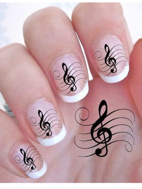 G clef French manicure nails Music Note Nails, Music Nail Art, Vinyl Nail Art, Music Nails, Unghie Sfumate, Unghie Nail Art, Nail Art Decals, Treble Clef, Musical Notes