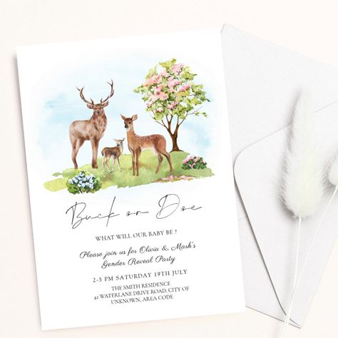 Deer Gender, Floral Gender Reveal, Doe Deer, Black Typography, Gender Reveal Party Invitations, Deer Family, Baby Gender Reveal Party, Gender Reveal Invitations, Baby Gender Reveal