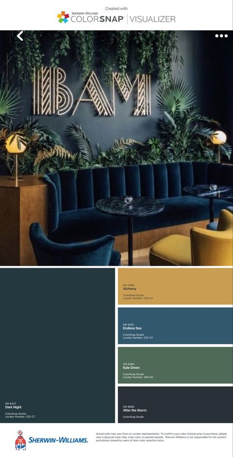 Navy Dark Green Color Palette, Bar Paint Color Ideas, Dark Green And Blue Interior, Home Office Color Scheme Modern, Colors For Restaurants, Industrial Interior Design Colour Palette, Modern Art Deco Colors, Green Navy Gold Color Palette, Restaurant Color Scheme Colour Palettes