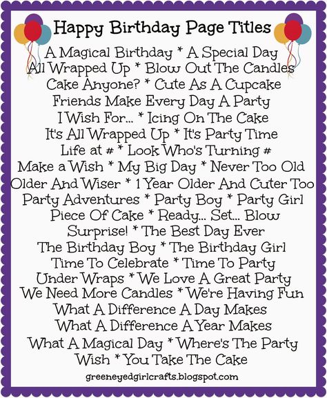 Here's a list of birthday page titles... these are mostly for the younger birthdays   but I'm working on one for the "older" birthdays to... Birthday Scrapbook Layouts, Birthday Scrapbook Pages, Bridal Shower Scrapbook, Scrapbook Fonts, Title Pages, Scrapbook Quotes, Scrapbook Titles, Birthday Scrapbook, Card Sayings