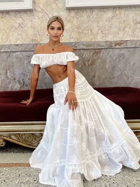 White Casual Collar  Woven Fabric Plain A Line Embellished Non-Stretch  Women Clothing Angelic Clothing, White Maxi Skirt, White Long Skirt, Flowy Maxi Skirts, Set Outfits, Puff Sleeve Crop Top, Summer Fabrics, Lace Embroidery, Woman Beach