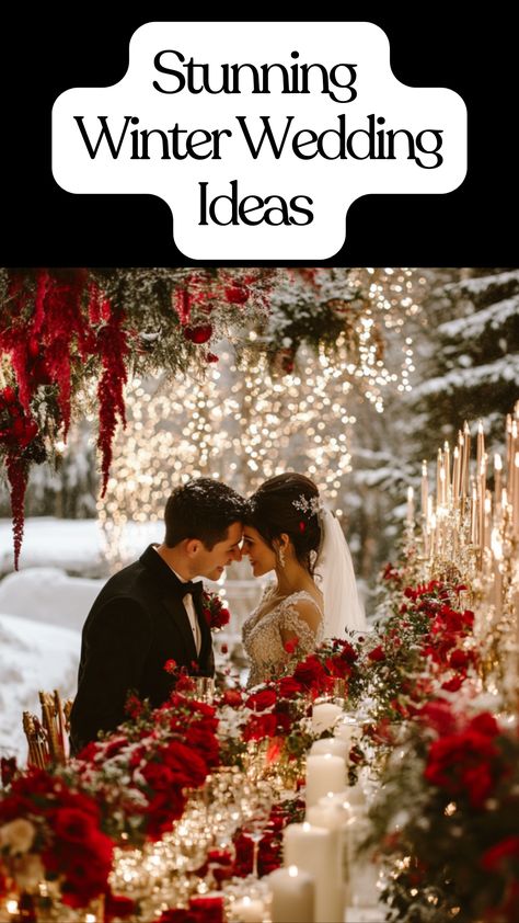 Winter wedding inspiration featuring elegant décor, snowy outdoor ceremonies, and cozy receptions. Rich color palettes, seasonal flowers, and unique lighting create a magical celebration. Rustic Winter Wedding Ideas, Christmas Wedding Ceremony, Red Winter Wedding, Winter Wedding Hairstyles, Winter Wedding Red, Snowy Winter Wedding, Intimate Winter Wedding, Beach Wedding Groomsmen, Christmas Wedding Inspiration