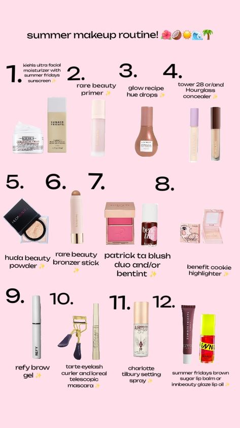 Makeup Routine In Order, Makeup Products For School Air, Makeup To Take On Vacation, Summer Vacation Makeup, Vacation Makeup Essentials, Best Summer Makeup Products, Summer Makeup Products Aesthetic, Summer Make Up Products, Summer Makeup Must Haves